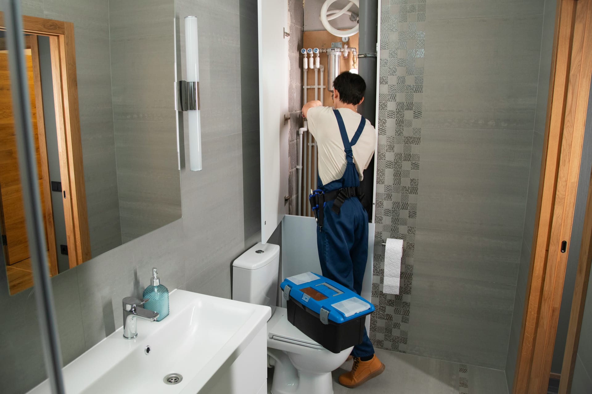 Idraulico professionista al lavoro su un impianto in un bagno moderno